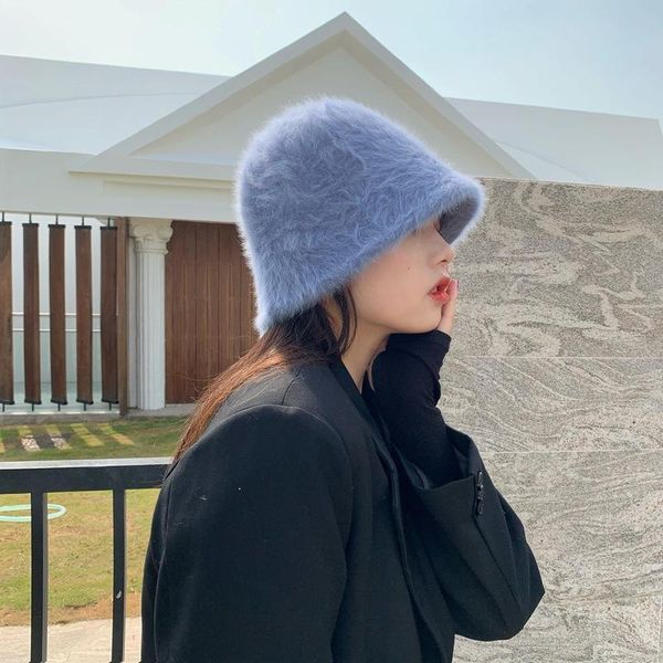 berets 2022 hat winter women's fashion solid color fur bucket cap fisherman's retro knitted wool basin, Blue;gray 
berets 2022 hat winter women's fashion solid color fur bucket cap fisherman's retro knitted wool basin, Blue;gray