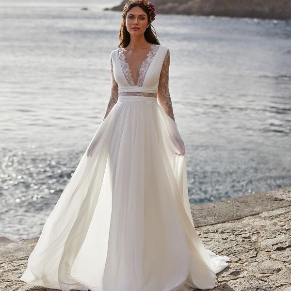 new bohemian wedding 2021 long sleeve v-neck floor length chiffon a-line lace back bridal gowns with belt vestidos de noiva 5kva, White
new bohemian wedding 2021 long sleeve v-neck floor length chiffon a-line lace back bridal gowns with belt vestidos de noiva 5kva, White
