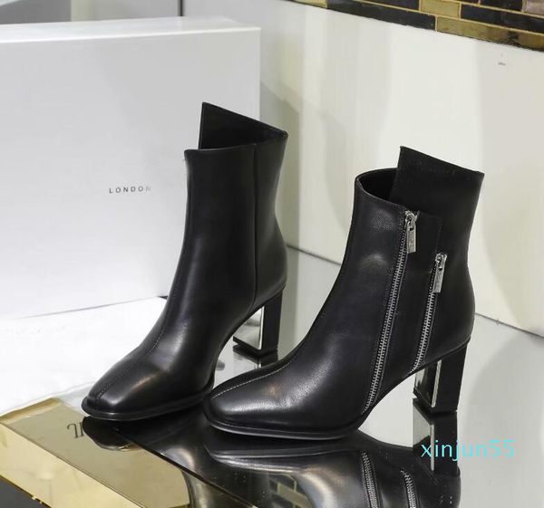 womens knight london square heel cowskin snow winter ankle martin cow leather wearproof bootie, Black