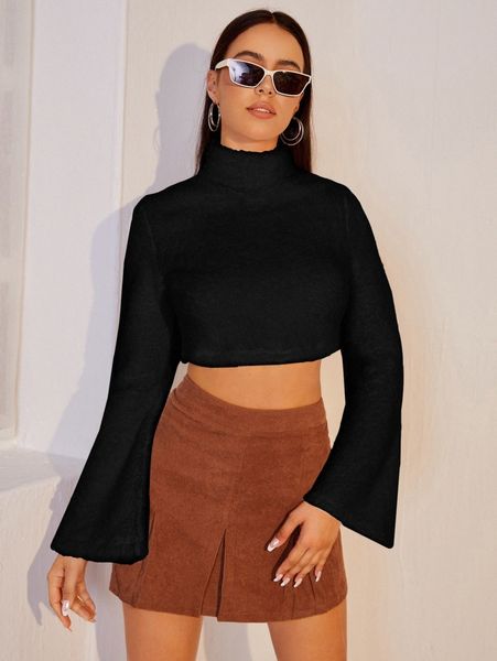 mock neck bell sleeve flannel crop pullover g6io#, White;black