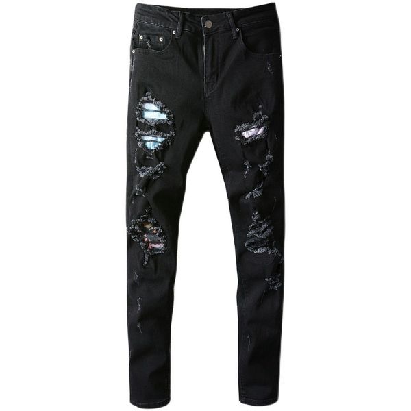2021 new men's male trousers high street style personality custom patch ripped black jeans stretch slim slimming denim pants 661 j1cr, Blue
2021 new men's male trousers high street style personality custom patch ripped black jeans stretch slim slimming denim pants 661 j1cr, Blue