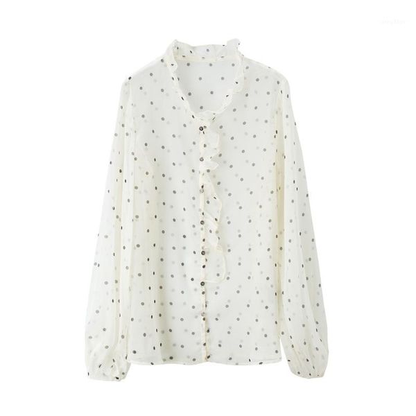 french style women beige puff sleeve contrast polka dots printed blouse shirt features ruffled trim women's blouses & shirts, White
french style women beige puff sleeve contrast polka dots printed blouse shirt features ruffled trim women's blouses & shirts, White