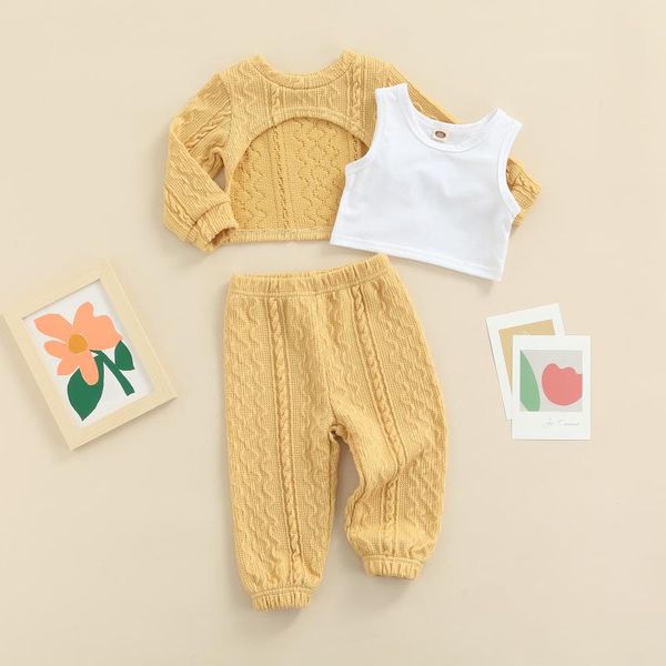 clothing sets 2022 0-5y kid girl clothes set spring fashion hollow bust twist yellow long sleeve sweater+white vest+knitted pants outfits 3p
clothing sets 2022 0-5y kid girl clothes set spring fashion hollow bust twist yellow long sleeve sweater+white vest+knitted pants outfits 3p