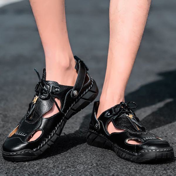464748 size cross-border large size mens sandals summer breathable beach shoes new outside leather perforating sandals closed toe dual use s, Black 
464748 size cross-border large size mens sandals summer breathable beach shoes new outside leather perforating sandals closed toe dual use s, Black