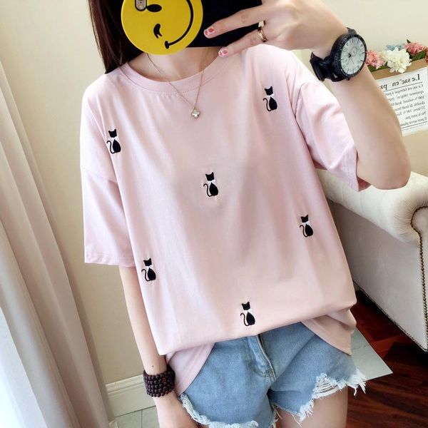 korean half sleeve cat pattern embroidered solid color long summer loose print t-shirt for women harajuku, White
korean half sleeve cat pattern embroidered solid color long summer loose print t-shirt for women harajuku, White