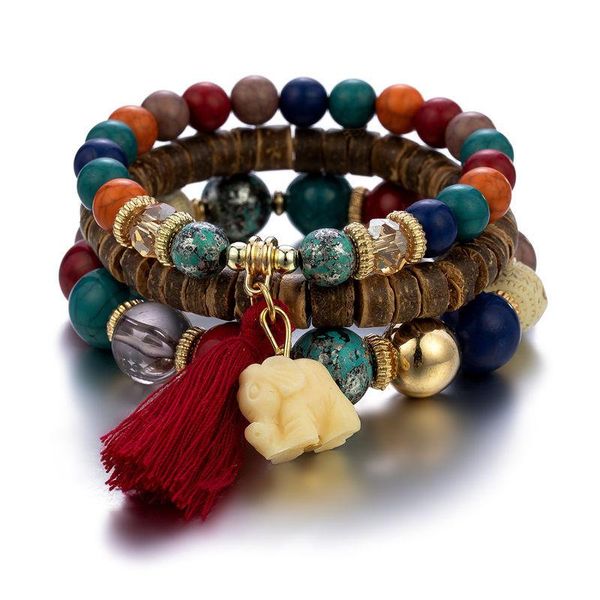 beaded, strands bohemian elephant tassel multilayer bracelet for women ethnic style temperament crystal wood beads beaded set, Black