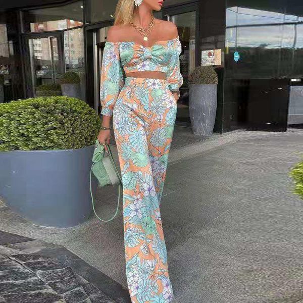 women's two piece pants spring casual long sleeve outfits autumn floral print women elegant set off shoulder blouse + wide leg, White
women's two piece pants spring casual long sleeve outfits autumn floral print women elegant set off shoulder blouse + wide leg, White