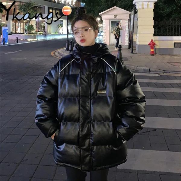 women's leather & faux korean bf loose bread clothing pu cotton-padded parka winter women warm hooded zipper jacket harajuku trend casu, Black
women's leather & faux korean bf loose bread clothing pu cotton-padded parka winter women warm hooded zipper jacket harajuku trend casu, Black