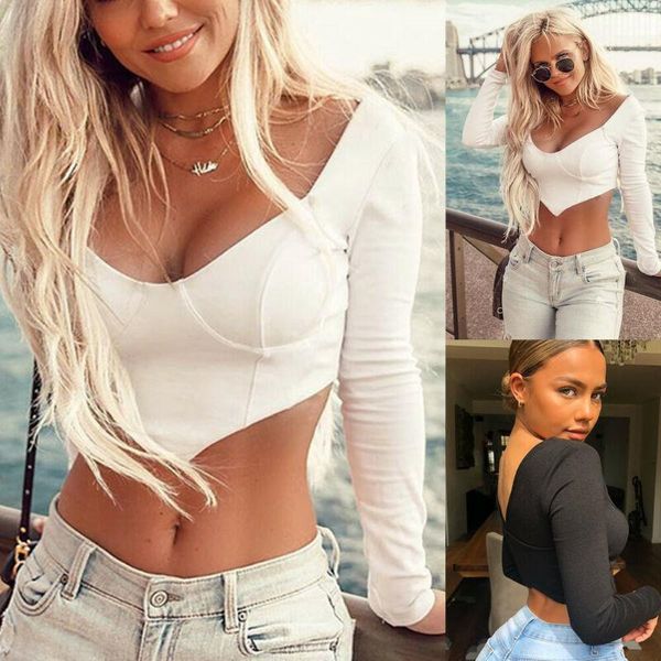 womens ladies long sleeve deep v-neck backless bardot crop t-shirt bralette women's blouses & shirts, White
womens ladies long sleeve deep v-neck backless bardot crop t-shirt bralette women's blouses & shirts, White