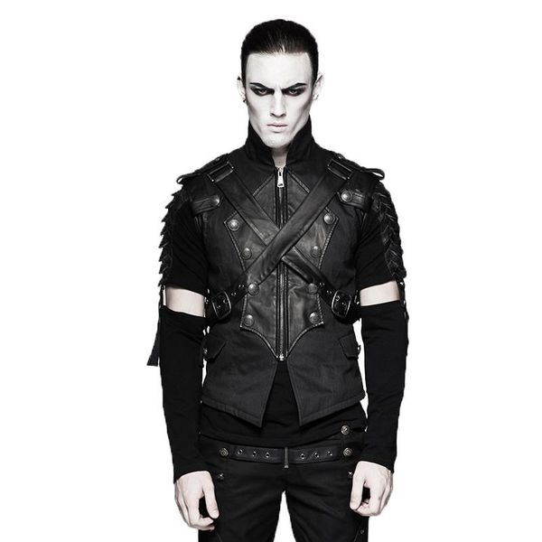 men's vests punk black short sleeveless jacket gothic men military uniform cross belt vest coat stand collar waistcoat with zipper, Black;white
men's vests punk black short sleeveless jacket gothic men military uniform cross belt vest coat stand collar waistcoat with zipper, Black;white