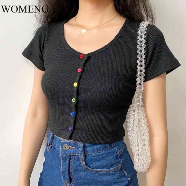 women summer t shirt ribbed short sleeved tee with button details fitted crop japanese mg6z 210603, White
women summer t shirt ribbed short sleeved tee with button details fitted crop japanese mg6z 210603, White