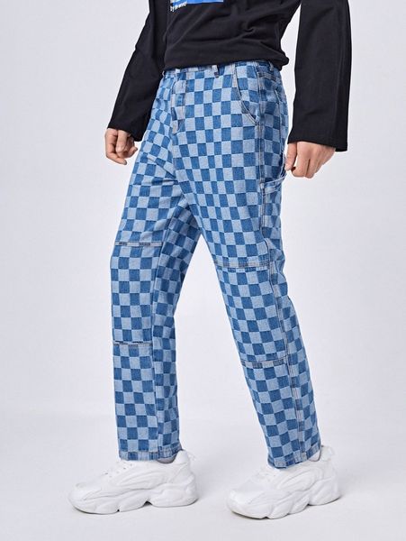 men checkered print straight leg jeans o9gl#, Blue
