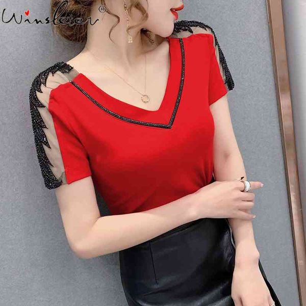 women's t-shirt spring summer cotton girls fashion all match v-neck women short sleeve spliced shiny diamonds tees t1292, White
women's t-shirt spring summer cotton girls fashion all match v-neck women short sleeve spliced shiny diamonds tees t1292, White