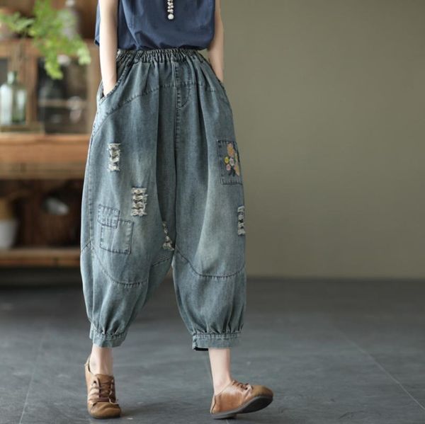 women's jeans women summer retro loose casual trousers 2021 ladies elastic waist spliced embroidery ripped vintage denim pants, Blue
women's jeans women summer retro loose casual trousers 2021 ladies elastic waist spliced embroidery ripped vintage denim pants, Blue