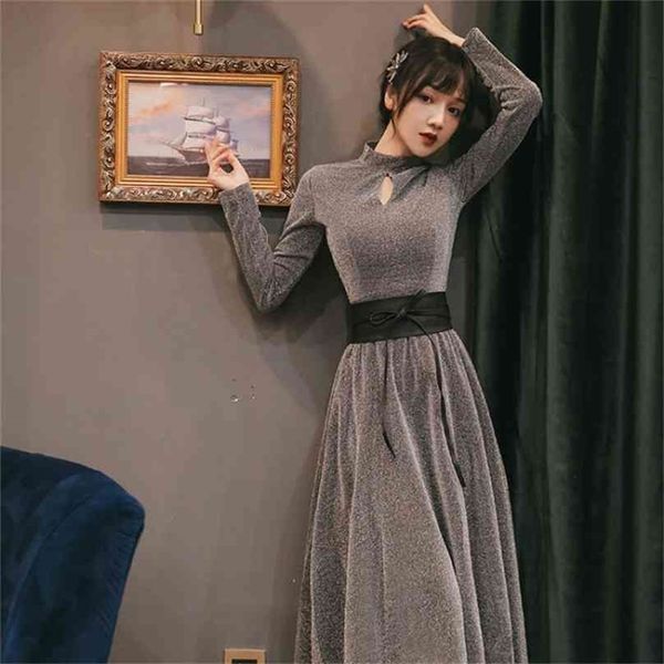long women dress spring vintage silver line stand-neck evening party full sleeve female vestidos belt mid-calf 210603, Black;gray
long women dress spring vintage silver line stand-neck evening party full sleeve female vestidos belt mid-calf 210603, Black;gray