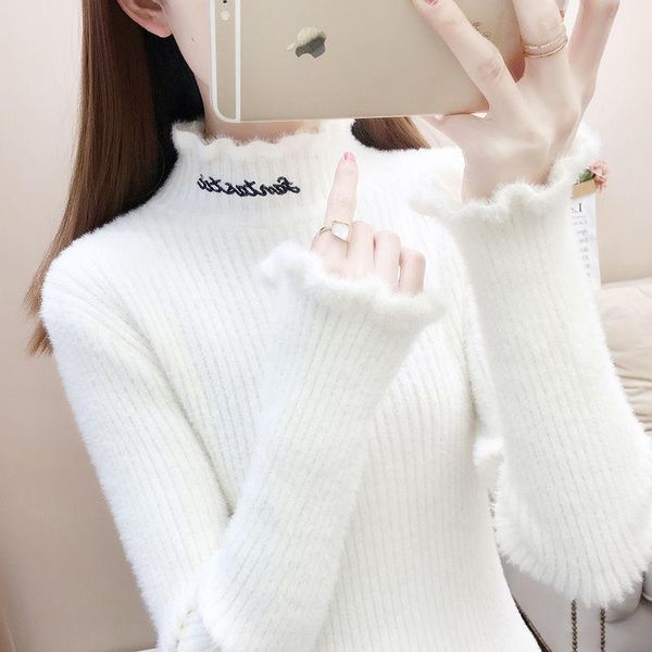 women's sweaters plus size knit 2021 winter knitted imitation splicing ruffles turtleneck jumper sweater woman, White;black
women's sweaters plus size knit 2021 winter knitted imitation splicing ruffles turtleneck jumper sweater woman, White;black