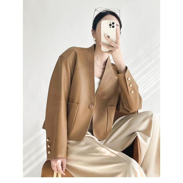 women's leather & faux genuine coats women v neck single button blazer jackets 2021 autumn winter elegant smooth sheepskin slim short, Black
women's leather & faux genuine coats women v neck single button blazer jackets 2021 autumn winter elegant smooth sheepskin slim short, Black