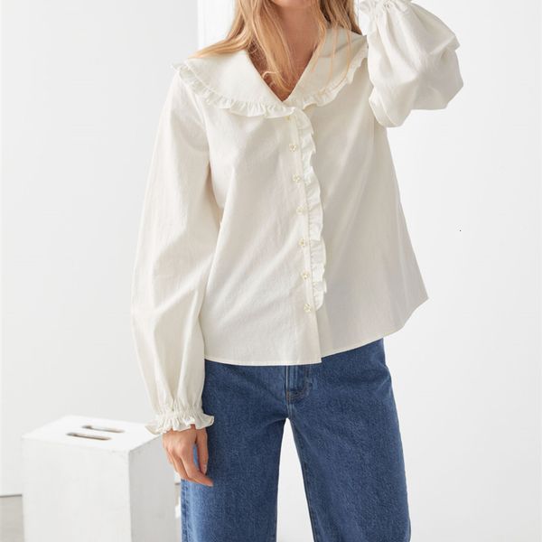 women peter pan collar shirt flower buttons ruffles white 2021 spring new blouse and ophl, Black
women peter pan collar shirt flower buttons ruffles white 2021 spring new blouse and ophl, Black