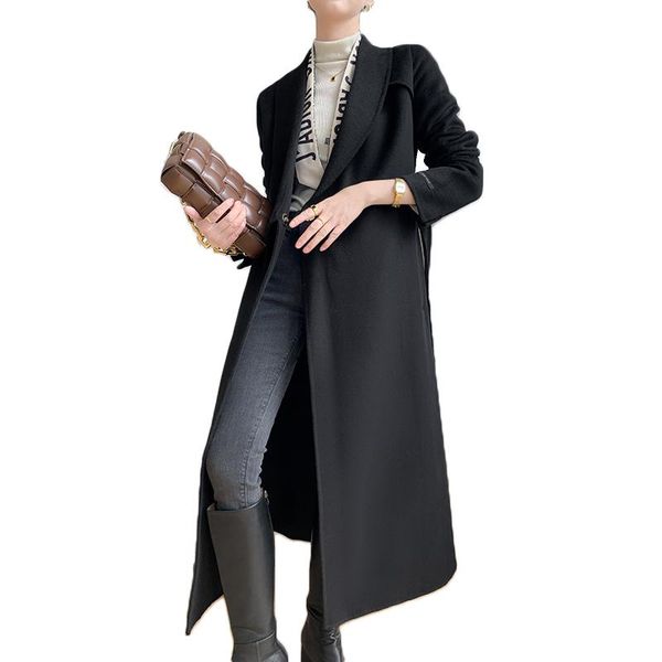 women's wool & blends 2021 hand sewing double sided cashmere long coat windbreaker, Black