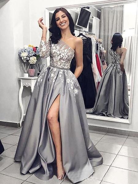 2021 grey silver one shoulder long sleeves formal evening dresses high slit lace floral stain women special occasion prom gown, Black;red
2021 grey silver one shoulder long sleeves formal evening dresses high slit lace floral stain women special occasion prom gown, Black;red