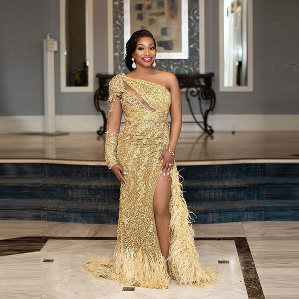 party dresses gold one shoulder mermaid evening lace feathers beads plus size prom aso ebi high split cocktail gowns, White;black
party dresses gold one shoulder mermaid evening lace feathers beads plus size prom aso ebi high split cocktail gowns, White;black