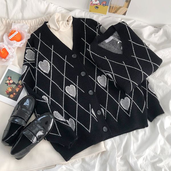 new 2021 spring vintage women heart love jacquard v-neck loose thick knitted cardigan f2qr, White;black 
new 2021 spring vintage women heart love jacquard v-neck loose thick knitted cardigan f2qr, White;black