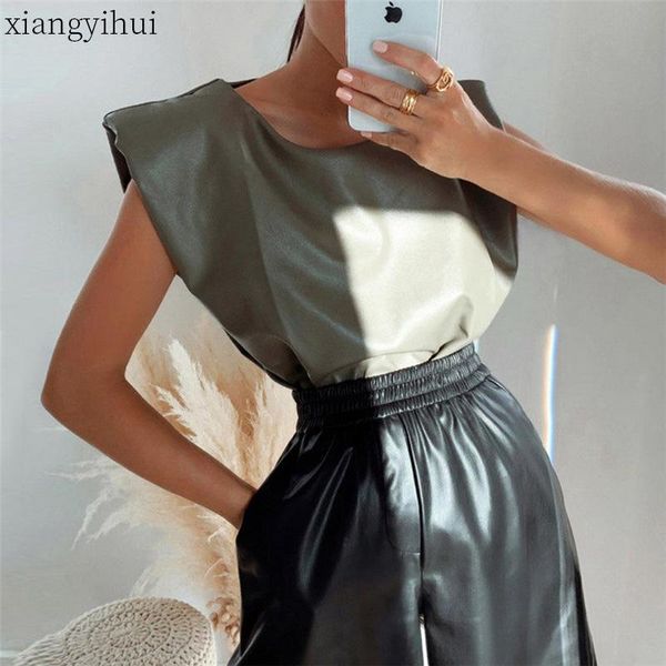 summer new sleeveless shoulder pad faux leather t-shirt loose ladies women streetwear 2021 fashion round neck pu t shirt, White
summer new sleeveless shoulder pad faux leather t-shirt loose ladies women streetwear 2021 fashion round neck pu t shirt, White