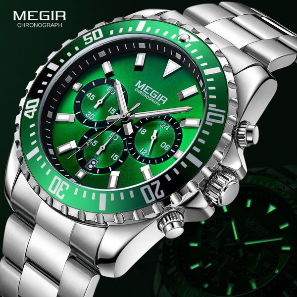 

watches megir men's chronograph quartz stainless steel waterproof lumious analogue 24-hour wristwatch for man green dial 2064g-9, Slivery;brown