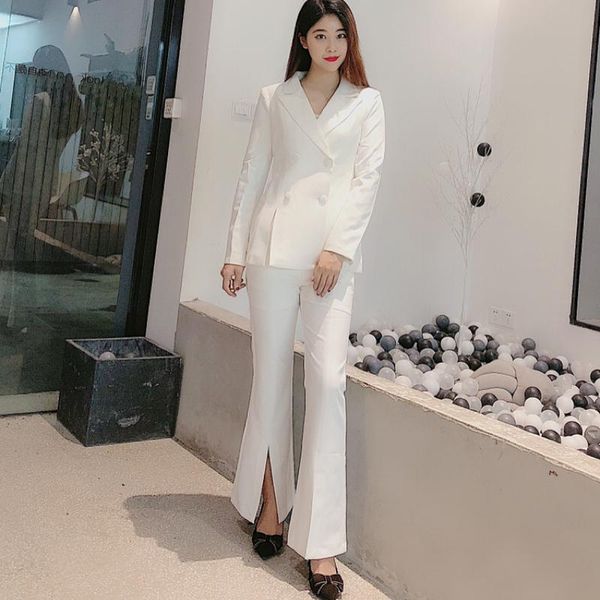 women's two piece pants korean white professional suit set double breasted jacket blazer + split flared trousers two-piece y210
women's two piece pants korean white professional suit set double breasted jacket blazer + split flared trousers two-piece y210