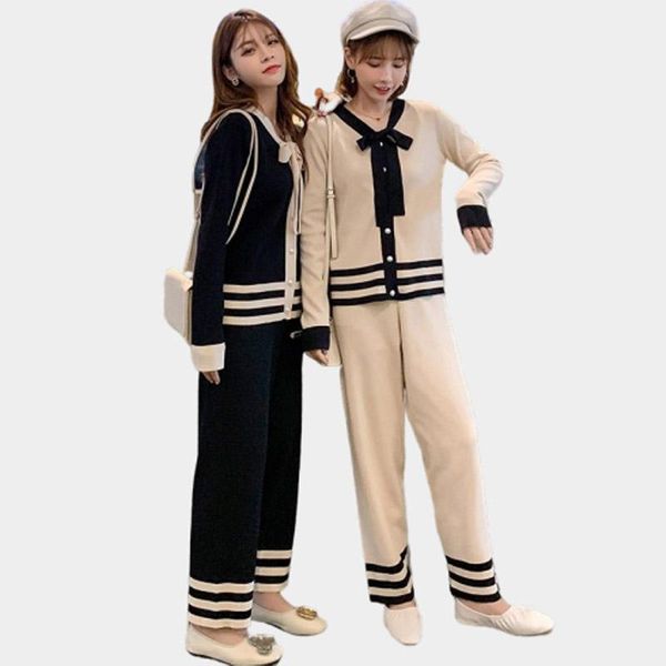 women's two piece pants autumn korean ladies black knit suit lace bow knitted sweater + high waist wide leg two-piece, White
women's two piece pants autumn korean ladies black knit suit lace bow knitted sweater + high waist wide leg two-piece, White
