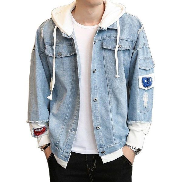 men's jackets spring autumn 2021 fake two piece korean loose denim jacket school clothes for teenagers hoodies coat, Black;brown 
men's jackets spring autumn 2021 fake two piece korean loose denim jacket school clothes for teenagers hoodies coat, Black;brown