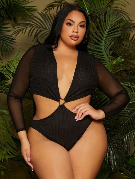 sxy plus plunging neck ring cutout waist sheer mesh sleeve bodysuit t42v#, Black
sxy plus plunging neck ring cutout waist sheer mesh sleeve bodysuit t42v#, Black