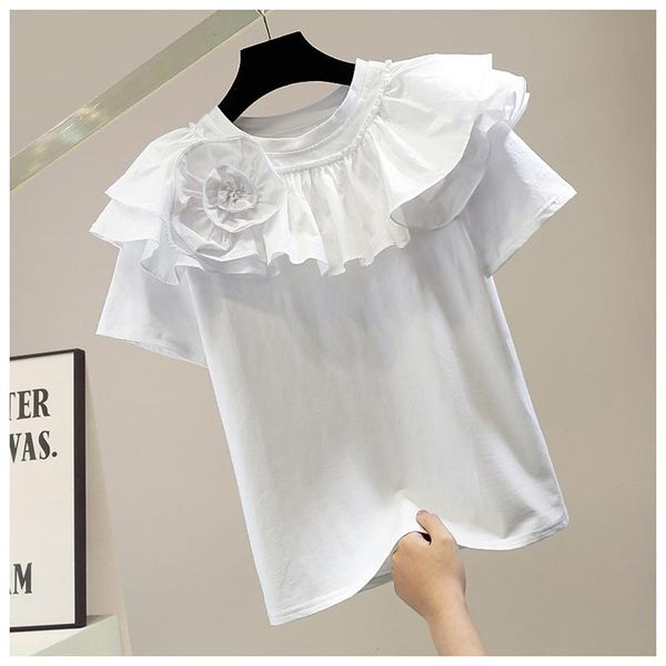women's t-shirt tshirt woman heavy industry ruffled three-dimensional flower sweet round neck solid color short sleeve t-shirts lady, White
women's t-shirt tshirt woman heavy industry ruffled three-dimensional flower sweet round neck solid color short sleeve t-shirts lady, White