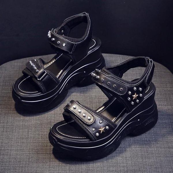 sandals black pu leather hollow rivet sewing thick bottom retro hook & loop wedge platform rome shoes heightening 9cm
sandals black pu leather hollow rivet sewing thick bottom retro hook & loop wedge platform rome shoes heightening 9cm
