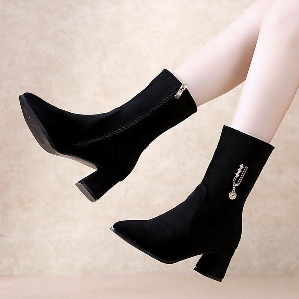 Plus Size 41 Women Mid Calf Boots Black Flock High Heels Dress Shoes Pointed Toe Metal Booties With Zip Rhinestone Pumps 8611N, Plush inside black
Plus Size 41 Women Mid Calf Boots Black Flock High Heels Dress Shoes Pointed Toe Metal Booties With Zip Rhinestone Pumps 8611N, Plush inside black