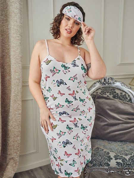 plus butterfly print ruffle hem cami nightdress with eyemask y582#, Black;white
plus butterfly print ruffle hem cami nightdress with eyemask y582#, Black;white