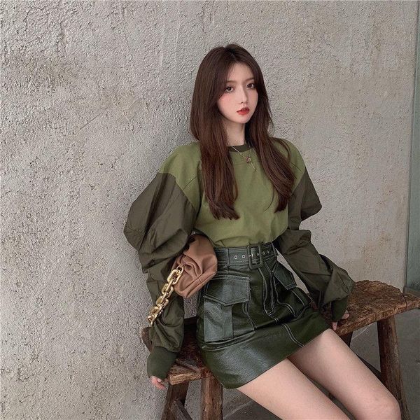 women's suits & blazers fashion suit bubble sleeve splicing sweater round neck high waist leather dkirt korean half skirtwo-piece set, White;black
women's suits & blazers fashion suit bubble sleeve splicing sweater round neck high waist leather dkirt korean half skirtwo-piece set, White;black