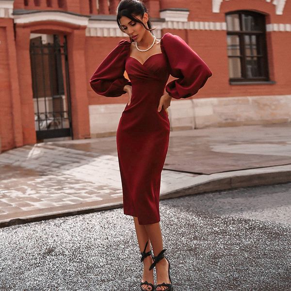 winter fashion 2021 new arrivals dress long puff sleeve red black solid ruched elegant evening party dress, Black;gray
winter fashion 2021 new arrivals dress long puff sleeve red black solid ruched elegant evening party dress, Black;gray