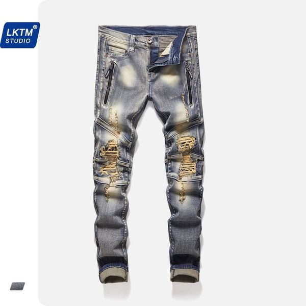men's slim little feet spring and summer 2021 tide brand worn out long pants motorcycle jeans, Blue
men's slim little feet spring and summer 2021 tide brand worn out long pants motorcycle jeans, Blue