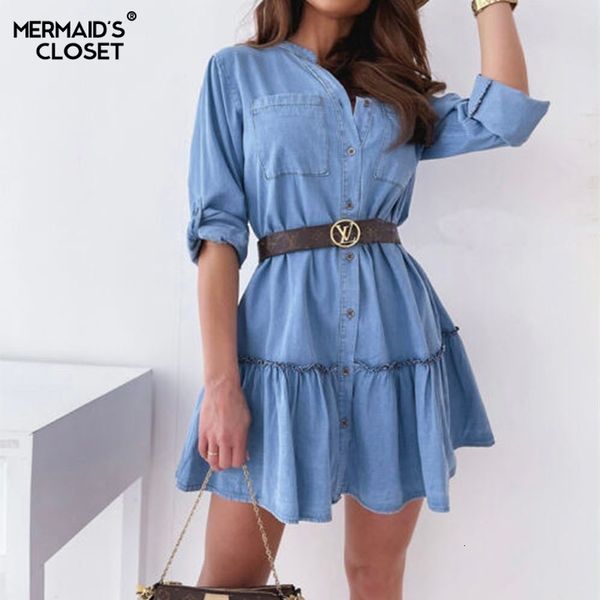 casual dresses spring long sleeve ruffle denim women blue shirt office female single breasted a line mini jean vestidos vxbs, Black;gray
casual dresses spring long sleeve ruffle denim women blue shirt office female single breasted a line mini jean vestidos vxbs, Black;gray