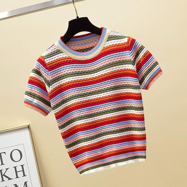 women's t-shirt women summer rainbow striped knit sweater round neck with short puff sleeves female 2021 fashion autumn chic, White
women's t-shirt women summer rainbow striped knit sweater round neck with short puff sleeves female 2021 fashion autumn chic, White