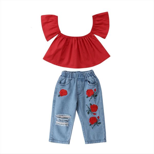 2pcs baby girls kids flower t shirt red off shoulder denim floral hollow pants outfits summer fashion clothes, White
2pcs baby girls kids flower t shirt red off shoulder denim floral hollow pants outfits summer fashion clothes, White