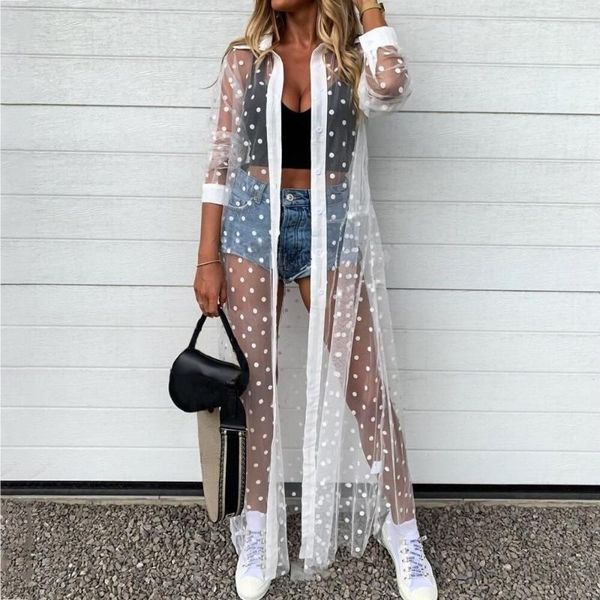 woman's polka dot beach smock lapel long sleeve mesh perspective cover up for daily life and vacation women's swimwear, White;black
woman's polka dot beach smock lapel long sleeve mesh perspective cover up for daily life and vacation women's swimwear, White;black