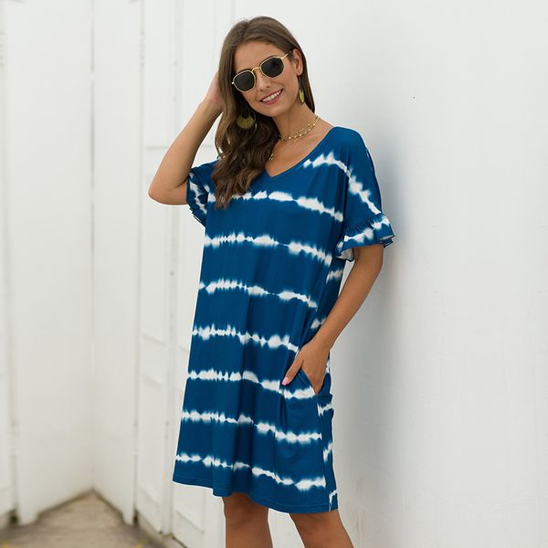 2021 new elegant ladies butterfly sleeve summer women loose v-neck striped knee-length nxnu, Black;gray