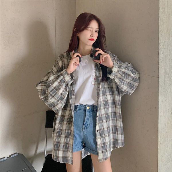 women's blouses & shirts autumn korean lantern sleeve plaid women classic turn-down collar oversized casual button up blouse femme blu, White
women's blouses & shirts autumn korean lantern sleeve plaid women classic turn-down collar oversized casual button up blouse femme blu, White