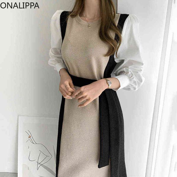 onalippa women dress 2021 autumn french temperament round neck color matching puff sleeve lace-up waist slim knitted vestidos g1214, Black;gray
onalippa women dress 2021 autumn french temperament round neck color matching puff sleeve lace-up waist slim knitted vestidos g1214, Black;gray