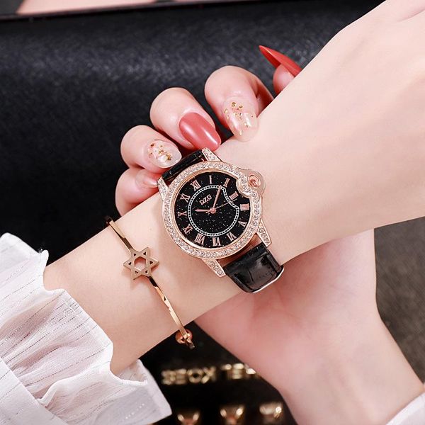 wristwatches rose gold diamond round large dial belt starry sky watch, Slivery;brown
wristwatches rose gold diamond round large dial belt starry sky watch, Slivery;brown
