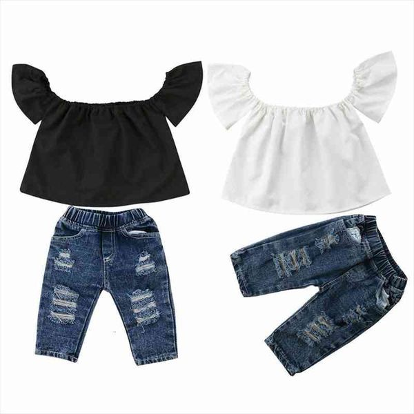 brand toddler infant child kids baby girls off shoulder denim hole pants 2pcs outfits set fashion clothes 6m 4t, White
brand toddler infant child kids baby girls off shoulder denim hole pants 2pcs outfits set fashion clothes 6m 4t, White
