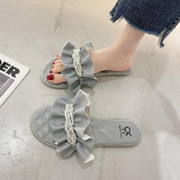 slippers summer style leisure ruffled pearl pure color elegant flat bottom comfortable ladies large size 35-40., Black
slippers summer style leisure ruffled pearl pure color elegant flat bottom comfortable ladies large size 35-40., Black