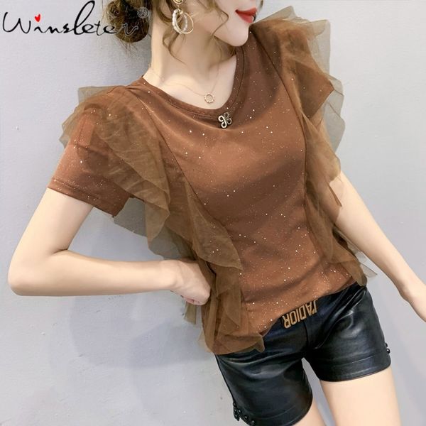 women's t-shirt summer european clothes girls fashion o-neck shiny patchwork mesh ruffles women short sleeve tees t13111, White
women's t-shirt summer european clothes girls fashion o-neck shiny patchwork mesh ruffles women short sleeve tees t13111, White